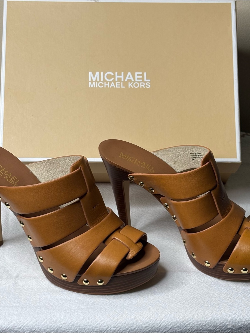 Sassy MICHAEL Michael Kors Peanut Leather Studded Platform Mules